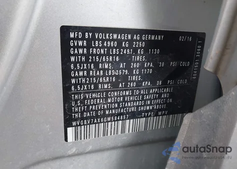2016 Volkswagen Tiguan S from USA, damaged, VIN WVGBV7AX6GW584857